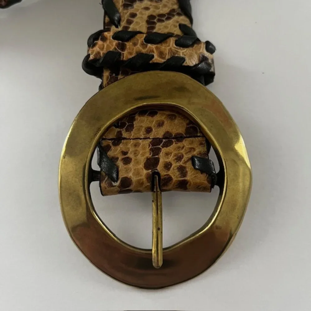 Leather Belt Snakeskin Print Tan Brown Black Gold Tone Buckle Size Large
